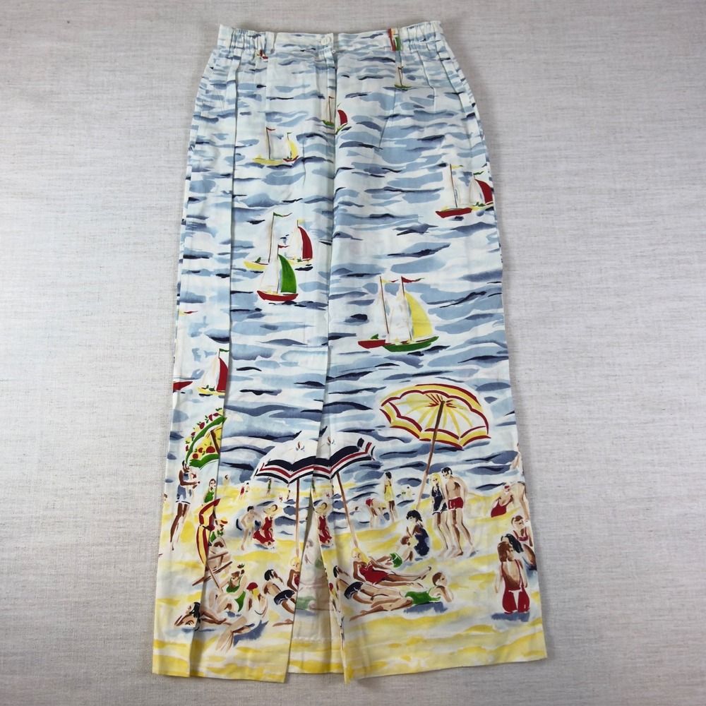Vintage Style Beach Scene Novelty Print Wide Leg Pants Sailboat Summer Blue